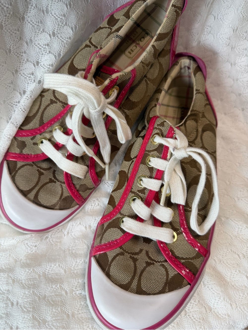 Coach Brown Signature Canvas Sneakers with Pink Trim - Picture 4 of 12